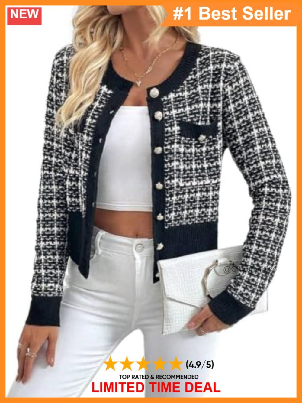 Womens Plaid Tweed Knit Button Front Cardigan Crew Neck Long Sleeve